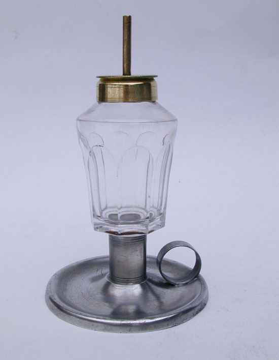 An Unmarked Smith & Co. Pewter Glass and Brass Chamber Lamp 